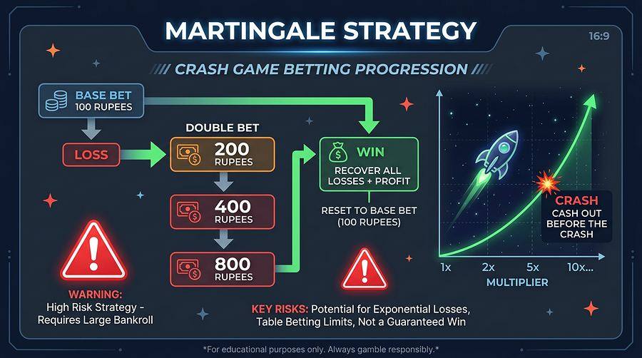 Martingale betting strategy visual — risk table crash game India